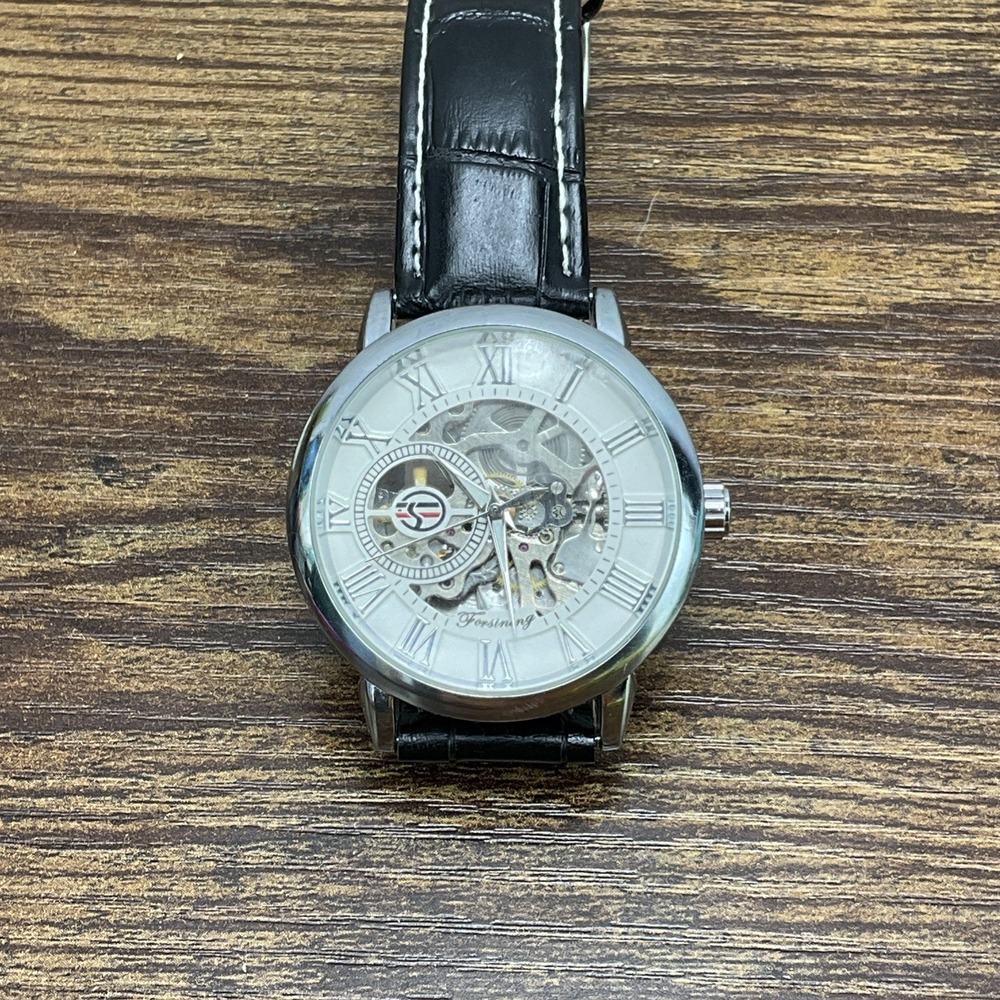 FORSINING Luxury Silver Skeleton Steampunk Windup Mechanical Watch Mens
